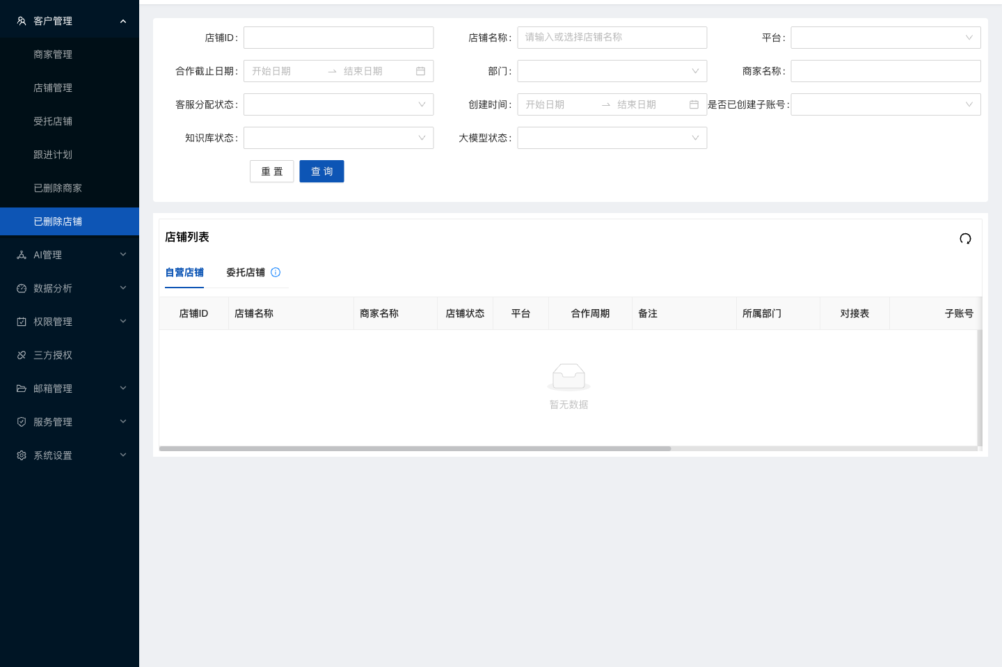 水手客服后台功能截图：已删除店铺