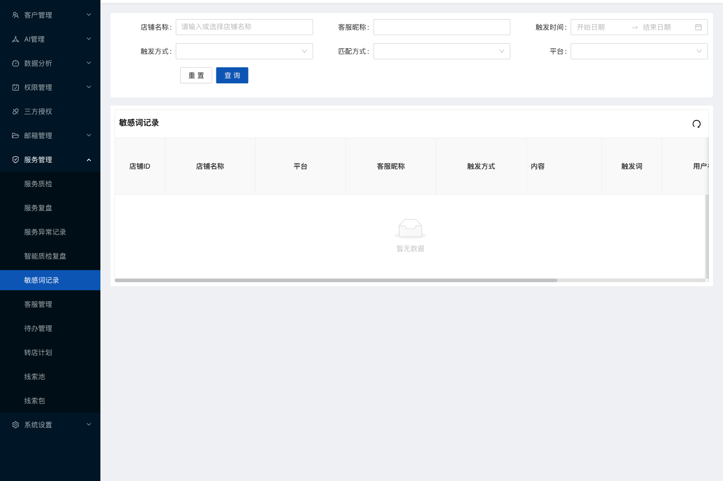 水手客服后台功能截图：敏感词记录